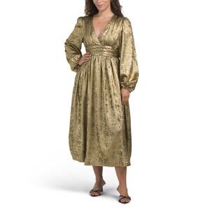 IN FEBRUARY Gold Shiny Nighttime Metallic Plunge Neck Midi Dress